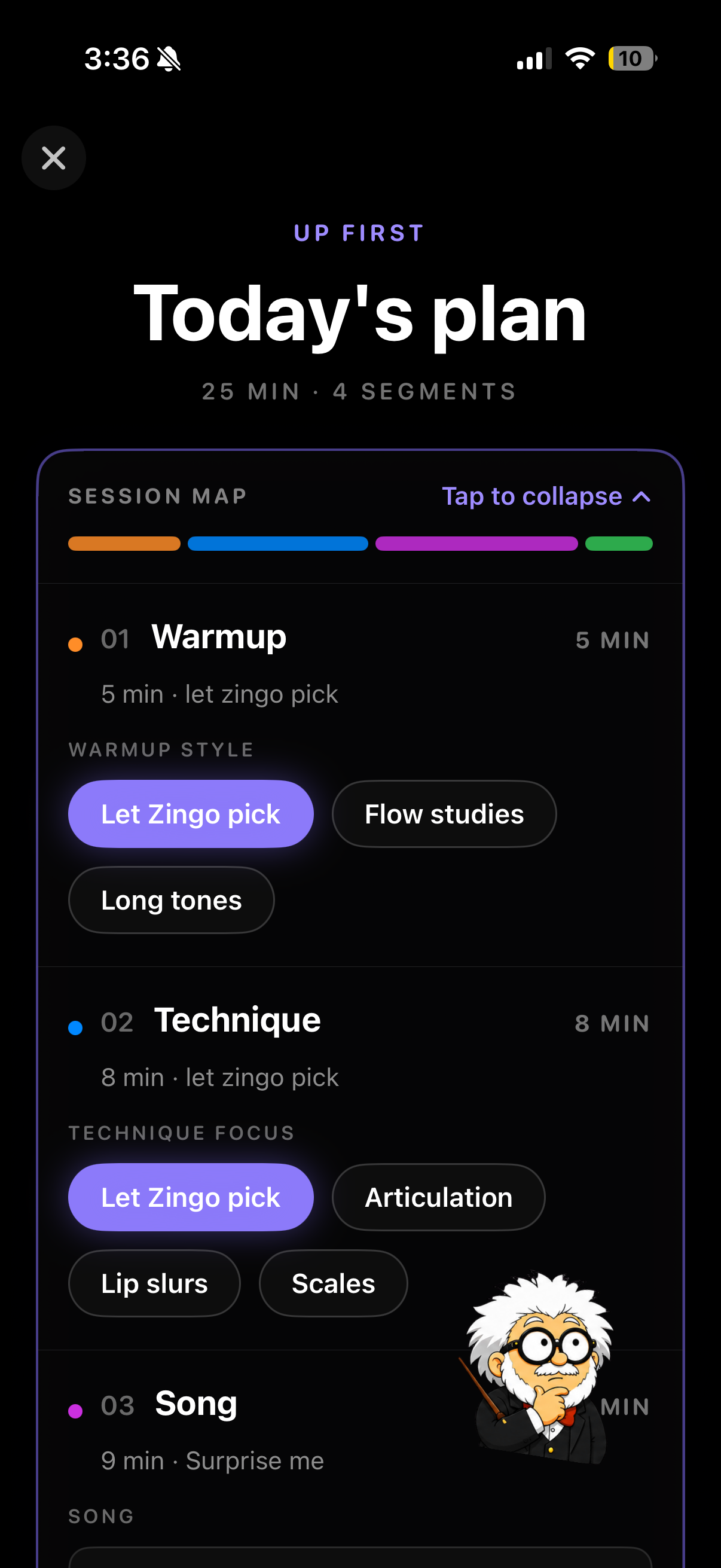 The Zingo app showing Today's plan: a 25-minute session mapped into warmup, technique and song segments