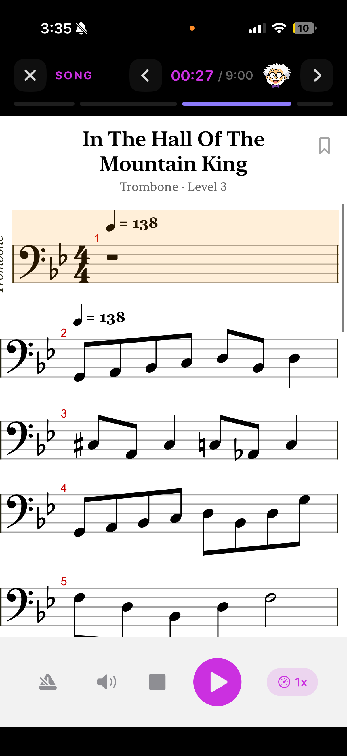 The Zingo app showing sheet music for In The Hall Of The Mountain King with play-along controls