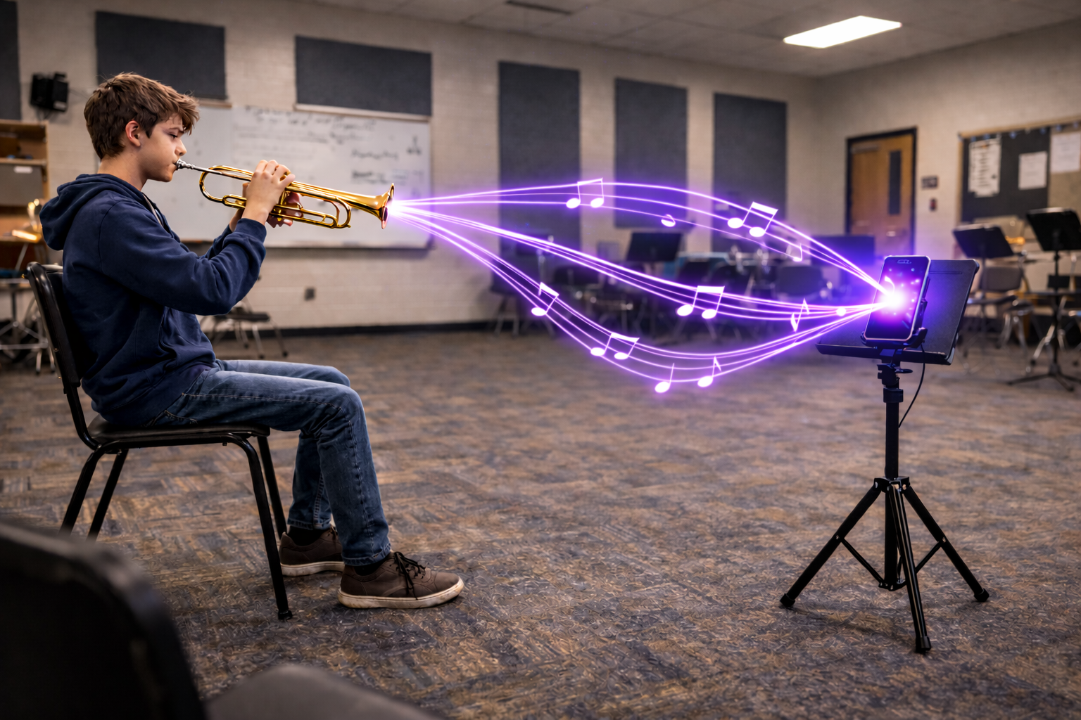 A student practicing trumpet in a music room with Zingo Music analyzing their playing on a tablet